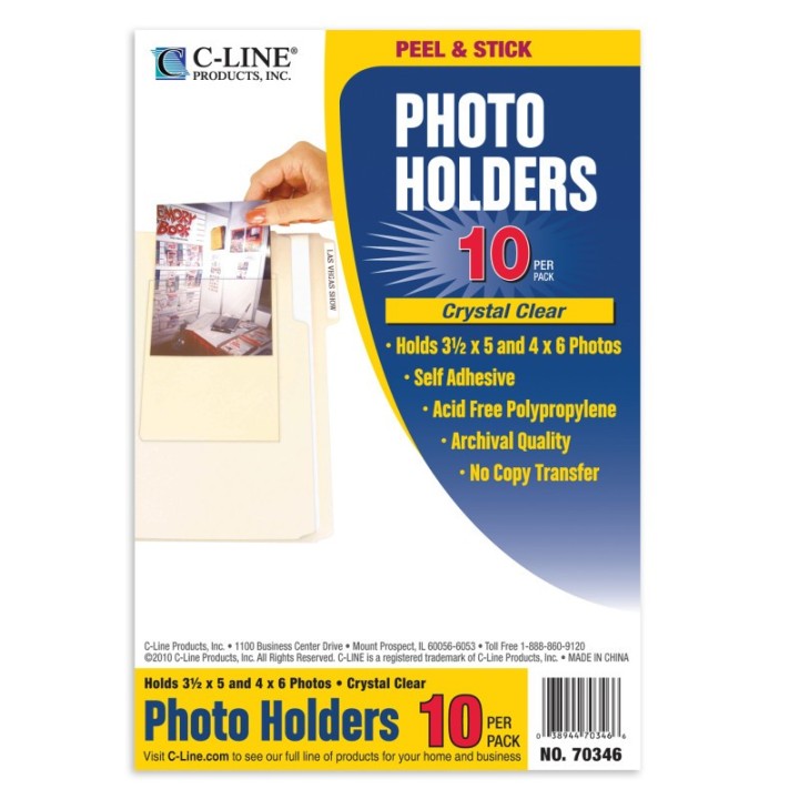 C-Line® Peel & Stick Photo Holders, Clear, 4" x 6", Pack of 10