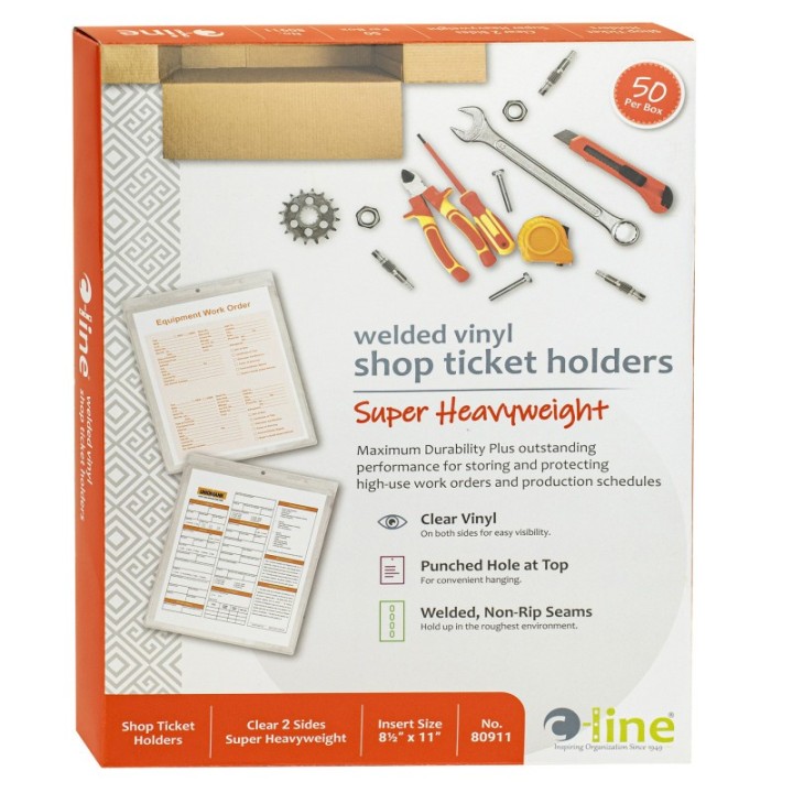 C-Line® Vinyl Shop Ticket Holders, Welded, Both Sides Clear, 8-1/2" x 11", Box of 50