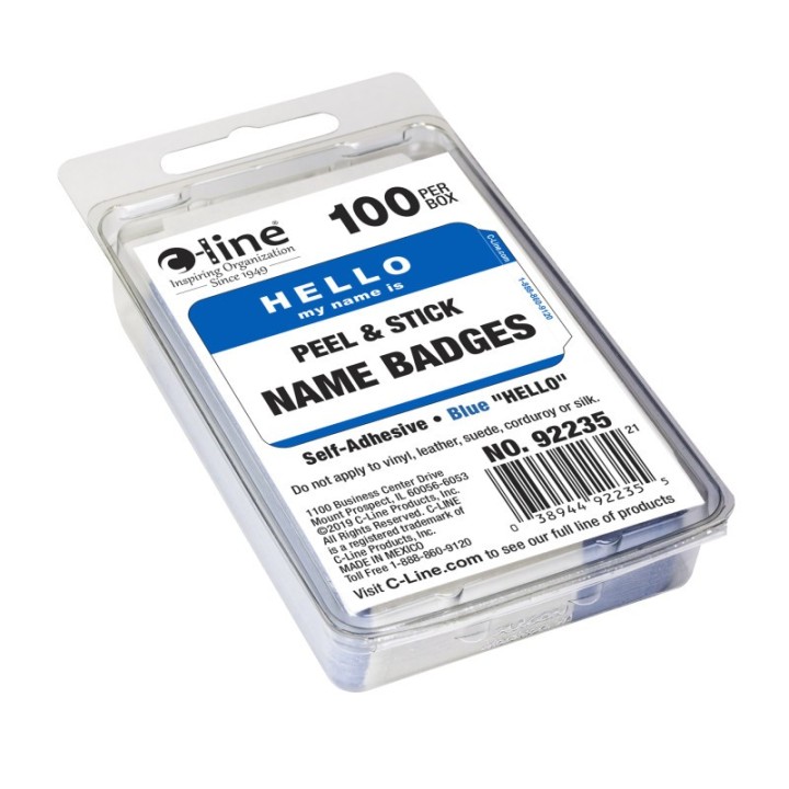 C-Line® Pressure Sensitive Badges, Hello my name is, Blue, 3-1/2" x 2-1/4", Box of 100
