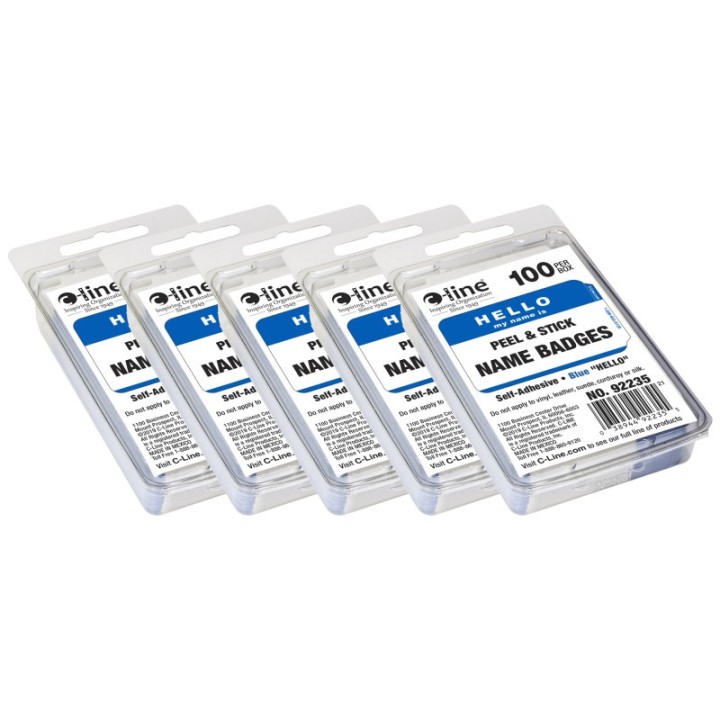 C-Line® Pressure Sensitive Badges, Hello my name is, Blue, 3-1/2" x 2-1/4", 100 Per Pack, 5 Packs