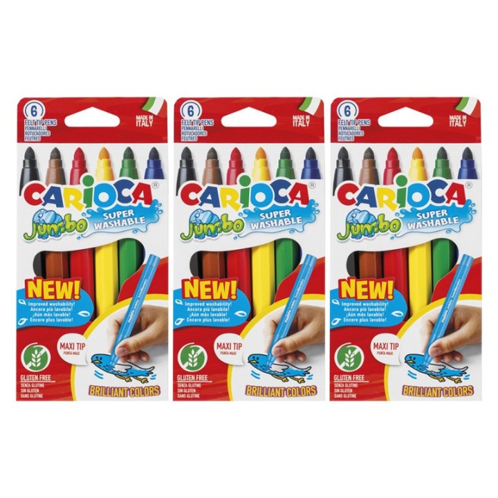 CARIOCA Jumbo Maxi Tip Washable Felt Tip Pens, 6 Per Pack, 3 Packs