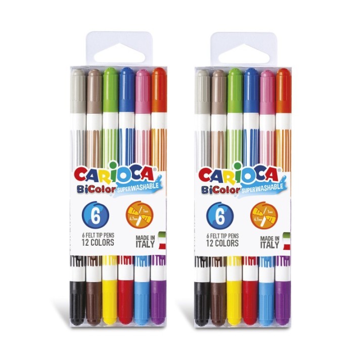 CARIOCA BiColor Washable Felt Tip Pens, 6 Per Pack, 2 Packs