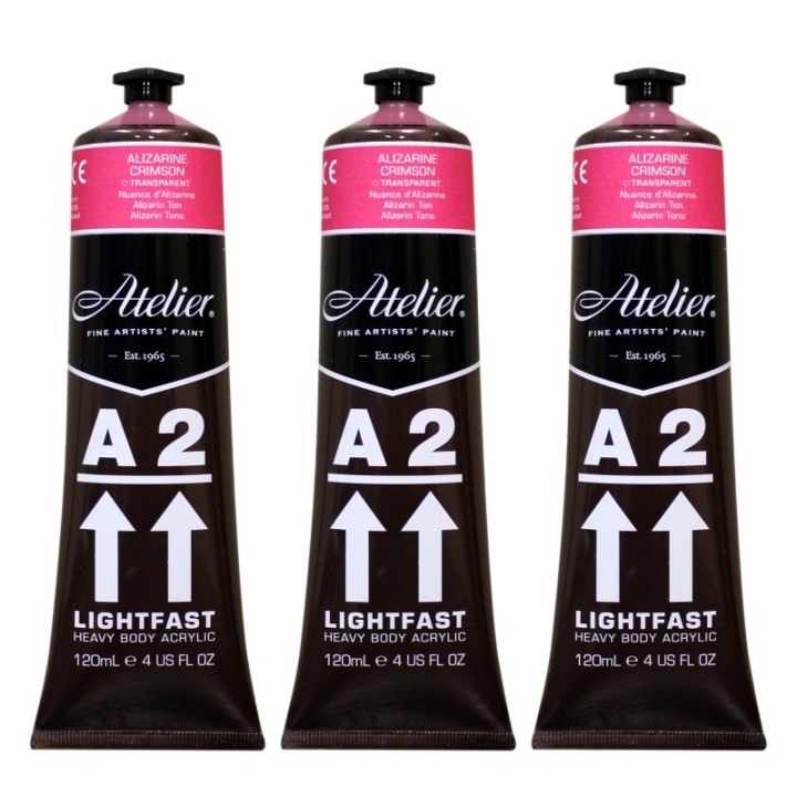 Atelier A2 Heavy Body Lightfast Artist Acrylic, 4 oz., Alizarine Crimson Hue, Pack of 3
