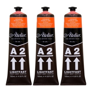Atelier A2 Heavy Body Lightfast Artist Acrylic, 4 oz., Cadmium Scarlet Hue, Pack of 3