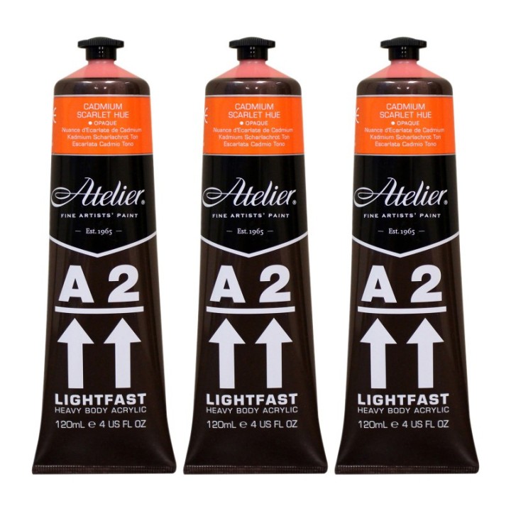 Atelier A2 Heavy Body Lightfast Artist Acrylic, 4 oz., Cadmium Scarlet Hue, Pack of 3