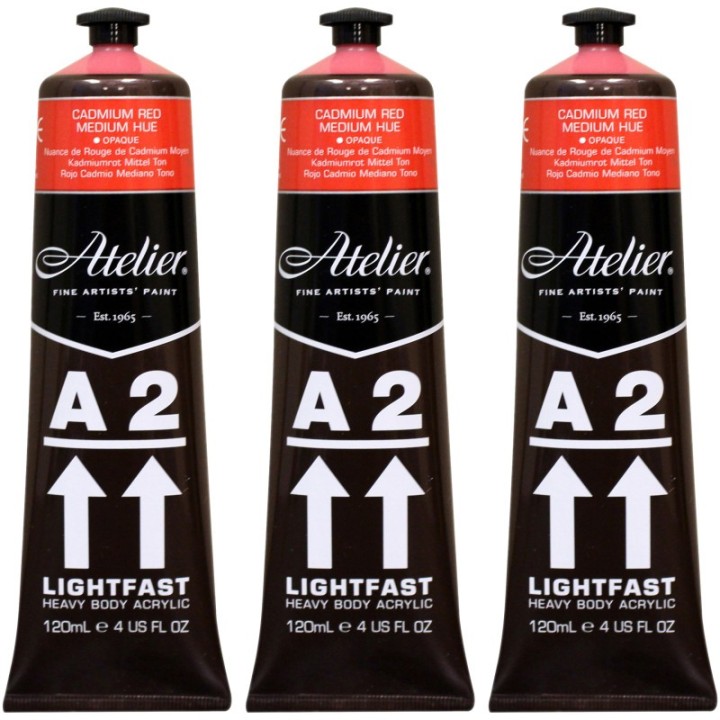Atelier A2 Heavy Body Lightfast Artist Acrylic, 4 oz., Cadmium Red Medium Hue, Pack of 3