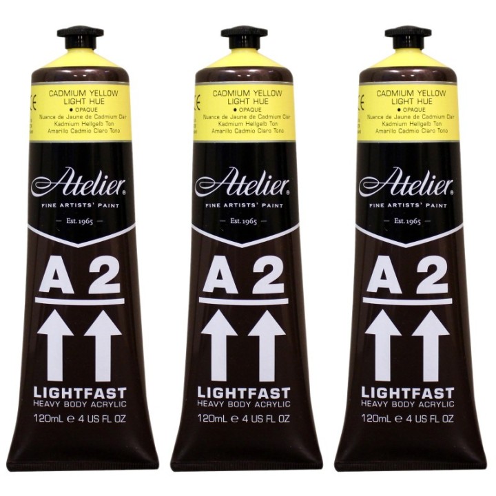 Atelier A2 Heavy Body Lightfast Artist Acrylic, 4 oz., Cadmium Yellow Light Hue, Pack of 3