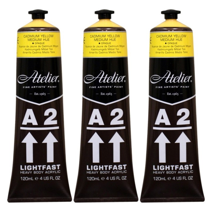 Atelier A2 Heavy Body Lightfast Artist Acrylic, 4 oz., Cadmium Yellow Medium Hue, Pack of 3