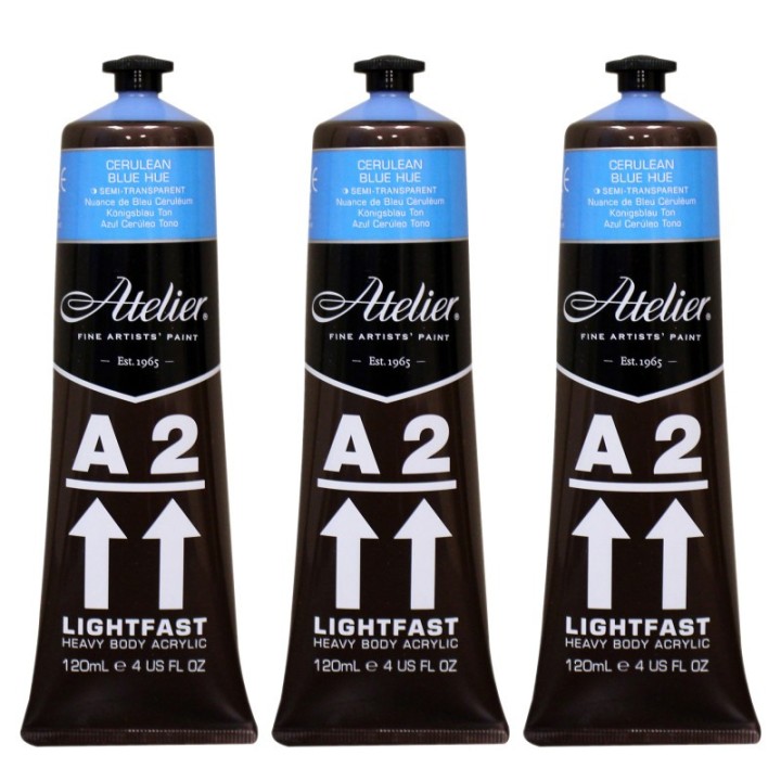 Atelier A2 Heavy Body Lightfast Artist Acrylic, 4 oz., Cerulean Blue Hue, Pack of 3