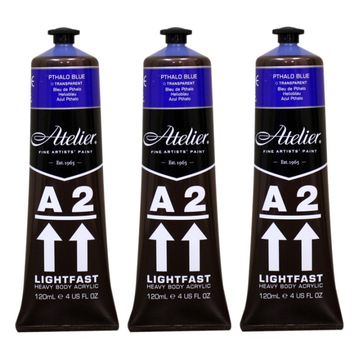 Atelier A2 Heavy Body Lightfast Artist Acrylic, 4 oz., Pthalo Blue, Pack of 3