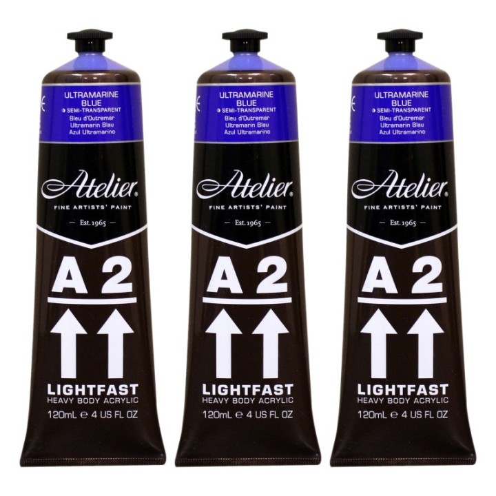 Atelier A2 Heavy Body Lightfast Artist Acrylic, 4 oz., Ultramarine Blue, Pack of 3