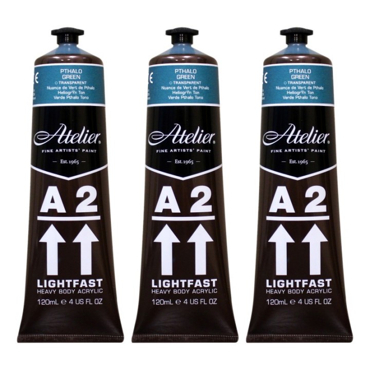 Atelier A2 Heavy Body Lightfast Artist Acrylic, 4 oz., Pthalo Green Hue, Pack of 3