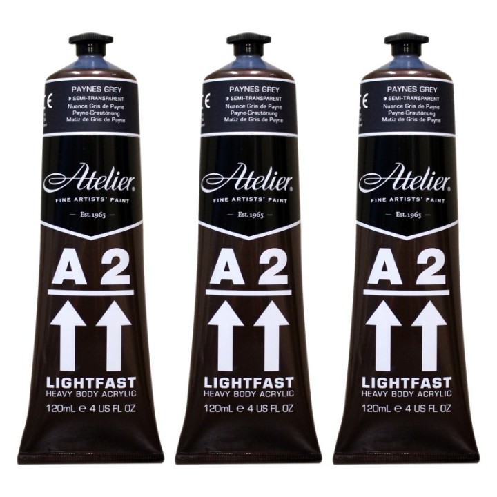 Atelier A2 Heavy Body Lightfast Artist Acrylic, 4 oz., Paynes Grey Hue, Pack of 3