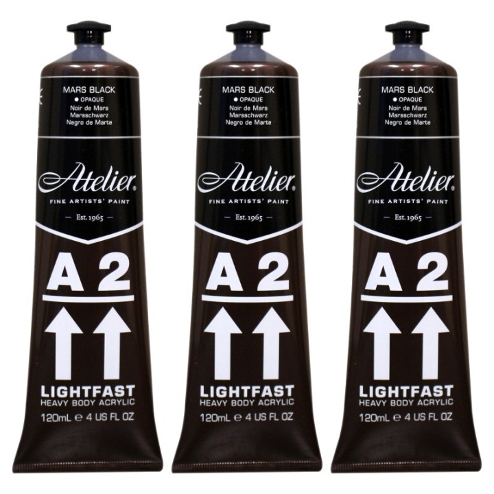 Atelier A2 Heavy Body Lightfast Artist Acrylic, 4 oz., Mars Black, Pack of 3