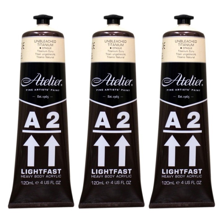 Atelier A2 Heavy Body Lightfast Artist Acrylic, 4 oz., Unbleached Titanium, Pack of 3