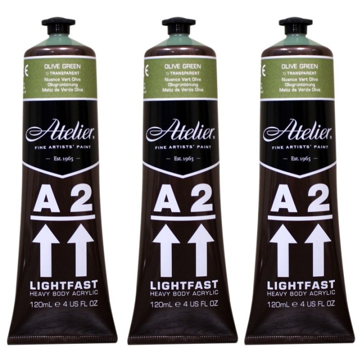 Atelier A2 Heavy Body Lightfast Artist Acrylic, 4 oz., Olive Green Hue, Pack of 3