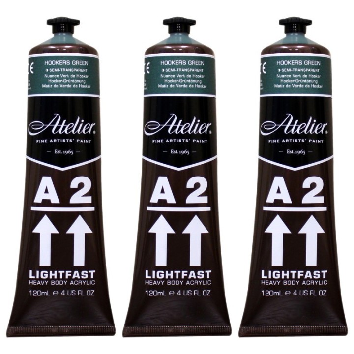 Atelier A2 Heavy Body Lightfast Artist Acrylic, 4 oz., Hookers Green Hue (Forest Green Hue), Pack of 3