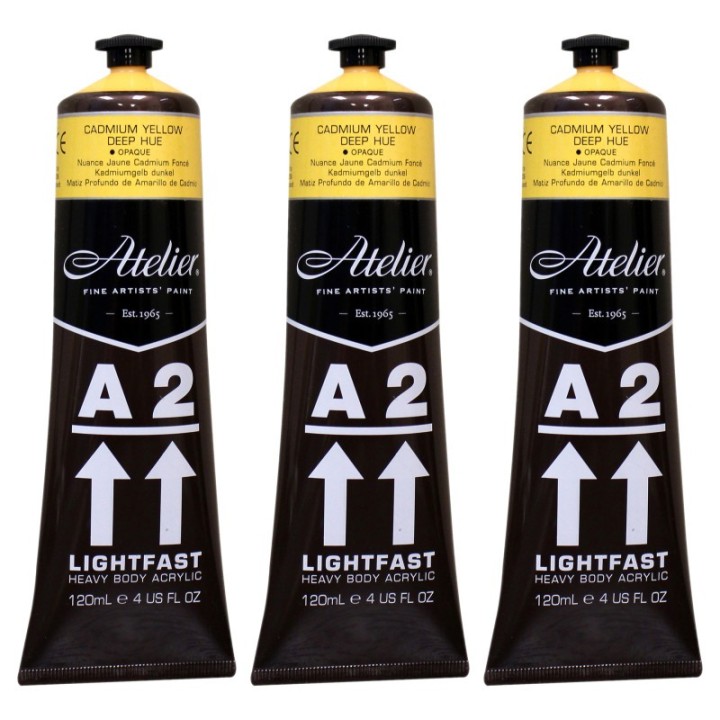 Atelier A2 Heavy Body Lightfast Artist Acrylic, 4 oz., Cadmium Yellow Deep Hue, Pack of 3