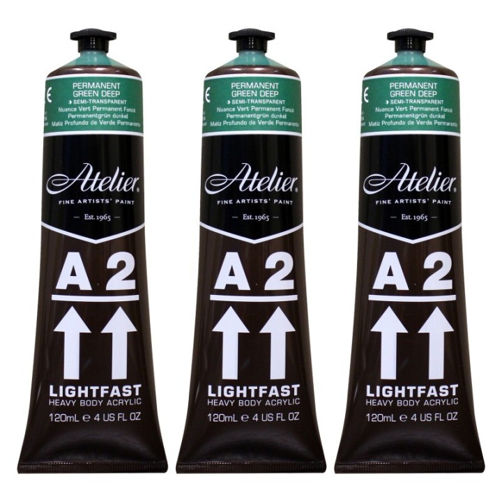 Atelier A2 Heavy Body Lightfast Artist Acrylic, 4 oz., Permanent Green Deep Hue, Pack of 3