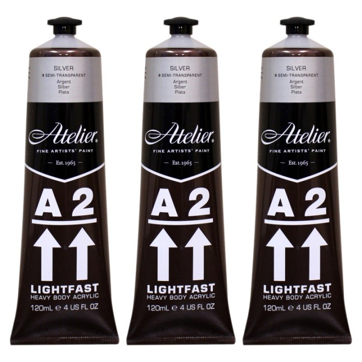 Atelier A2 Heavy Body Lightfast Artist Acrylic, 4 oz., Silver, Pack of 3