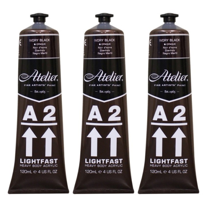 Atelier A2 Heavy Body Lightfast Artist Acrylic, 4 oz., Ivory Black, Pack of 3