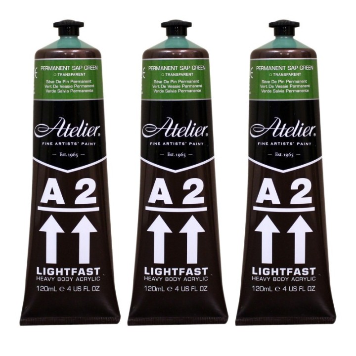 Atelier A2 Heavy Body Lightfast Artist Acrylic, 4 oz., Permanent Sap Green, Pack of 3