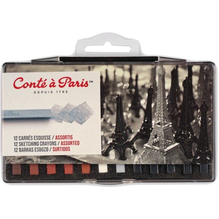 Conté à Paris Carrés Esquisse Sketching Pastel Crayons, Assorted Colors, Set of 12