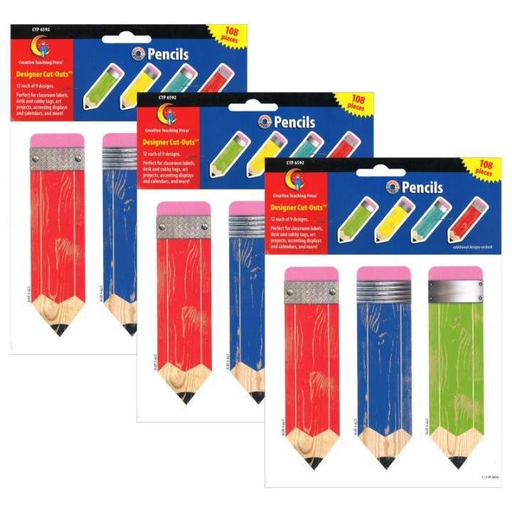 Creative Teaching Press® Upcycle Style Pencils 6" Designer Cut-Outs, 108 Per Pack, 3 Packs