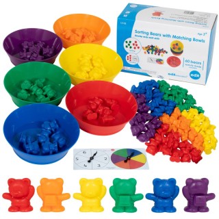 edxeducation® Counting Bears with Matching Bowls - 68pc Set - 60 Bear Counters, 6 Bowls & 2 Game Spinners