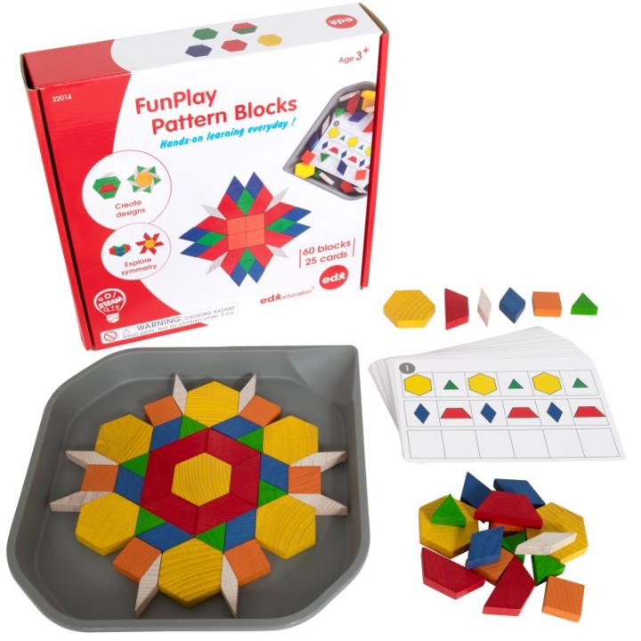 edxeducation® FunPlay Pattern Blocks - Set of 60 Wooden Math Manipulatives + 50 Activities + Messy Tray
