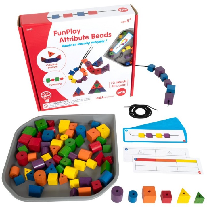 edxeducation® FunPlay Attribute Beads - 72 Wooden Lacing Beads + 2 Laces + 40 Activities + Messy Tray