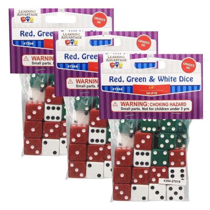 Learning Advantage® Dot Dice - Red/Green/White - 36 Per Pack, 3 Packs