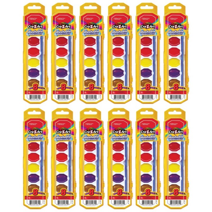 Cra-Z-Art® Washable Watercolors with Brush, Peggable Tray, 8 Colors Per Set, 12 Sets