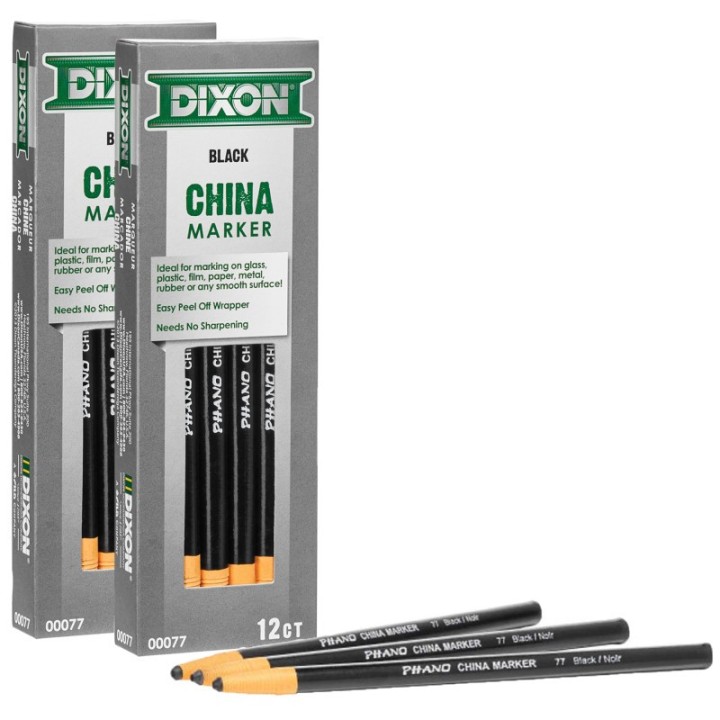 Dixon® Phano China Markers, Black, 12 Per Pack, 2 Packs