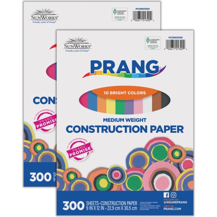 Prang® Construction Paper, Medium Weight, 10 Assorted Colors, 9" x 12", 300 Sheets Per Pack, 2 Packs