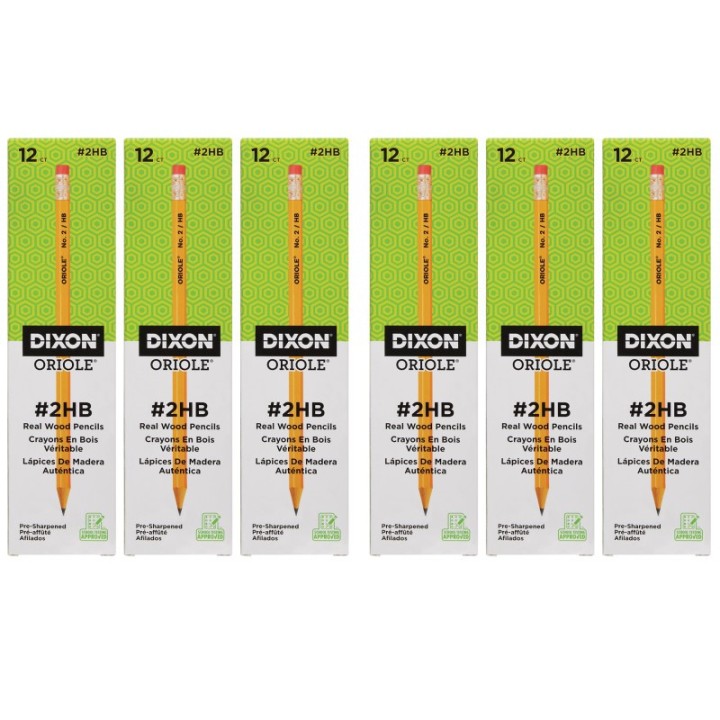 Dixon® Oriole® Wood-Cased Pencils, #2 HB Soft, Pre-Sharpened, Yellow, 12 Per Pack, 6 Packs