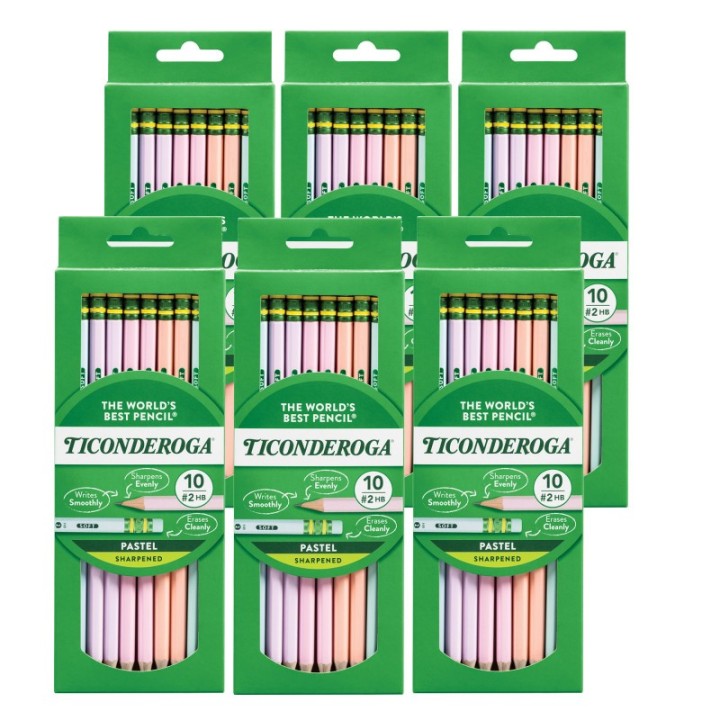 Ticonderoga® #2 Pastel Pencils, 5 Assorted Colors, 10 Per Pack, 6 Packs