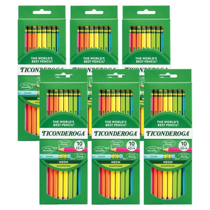 Ticonderoga® Premium Neon Wood No. 2 Pencils with Eraser, 10 Per Pack, 6 Packs