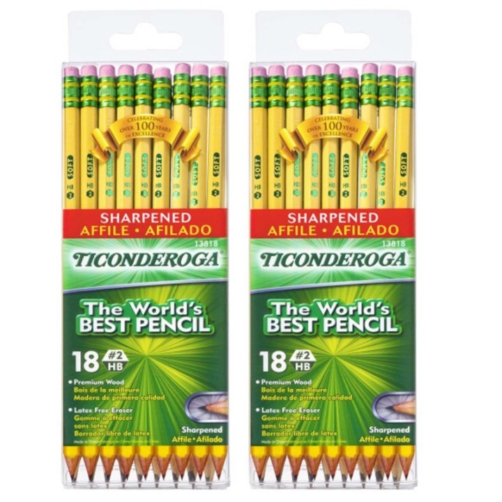 Ticonderoga® Pencils, #2 Soft, Yellow, Presharpened, 18 Per Pack, 2 Packs