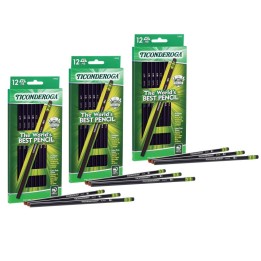Ticonderoga® Wood-Cased Pencils, Black, 12 Per Pack, 3 Packs