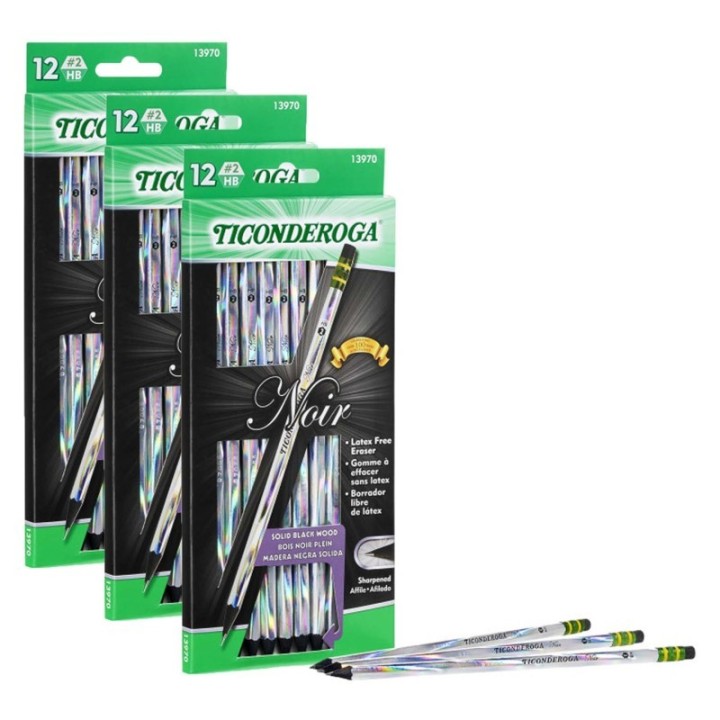 Ticonderoga® Noir Pencils, Holographic Foil on Black Wood, #2 Soft, Presharpened, 12 Per Pack, 3 Packs