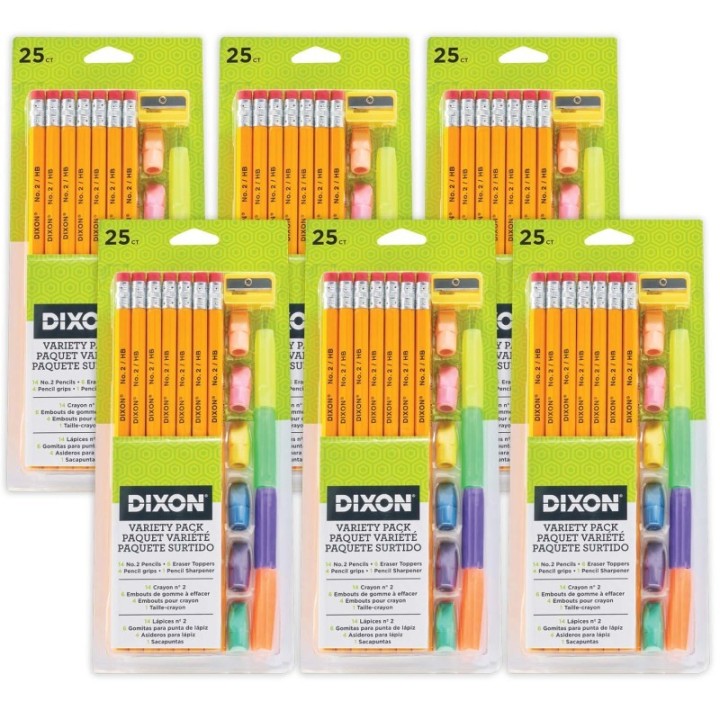 Dixon® Variety Pack, #2 Pencils, Erasers, Pencil Grips Set, 6 Sets