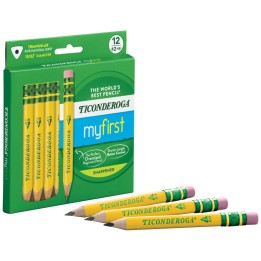 Ticonderoga® My First® Short Wooden Pencils, Large Triangle Barrel, Sharpened, #2 HB Soft, With Eraser, Yellow, 12 Count