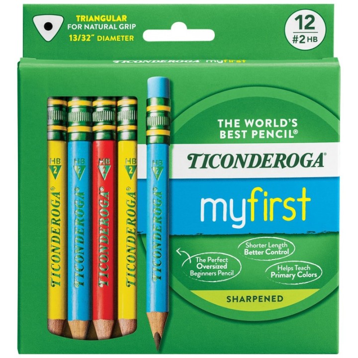 Ticonderoga® My First® Short Wooden Pencils, Large Triangle Barrel, Sharpened, #2 HB Soft, With Eraser, Primary Colors, 12 Count