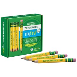 Ticonderoga® My First® Short Wooden Pencils, Large Triangle Barrel, Sharpened, #2 HB Soft, With Eraser, Yellow, 36 Count