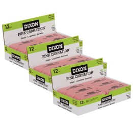 Dixon® Pink Carnation Erasers, Medium, 2-5/16 x 13/16 x 7/17, 12 Per Pack, 3 Packs
