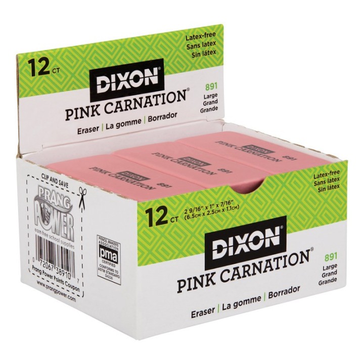 Dixon® Pink Carnation Erasers, Large, 2-9/16 x 1 x 7/16, Pack of 12