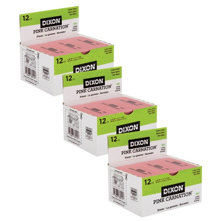 Dixon® Pink Carnation Erasers, Large, 2-9/16 x 1 x 7/16, 12 Per Pack, 3 Packs