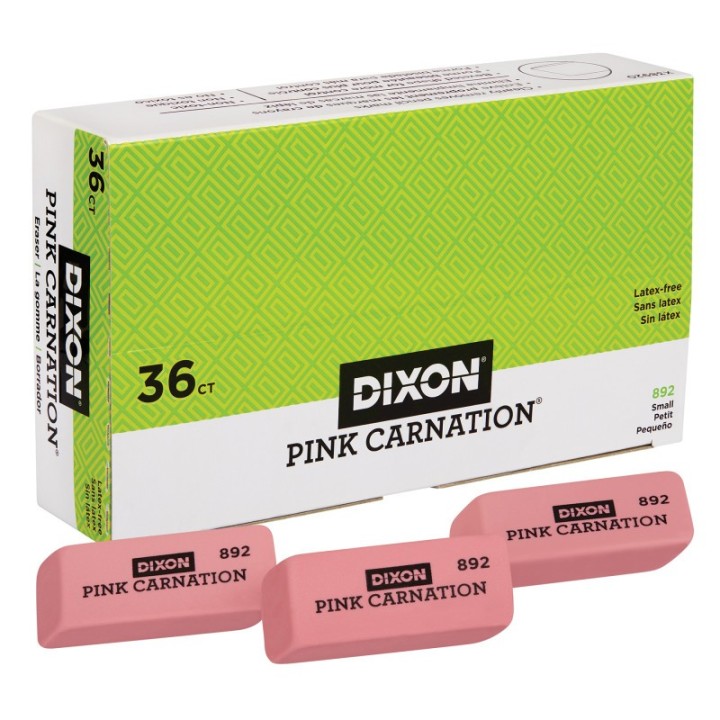Dixon® Pink Carnation Erasers, Small, 2 x 3/4 x 7/16, Pack of 36