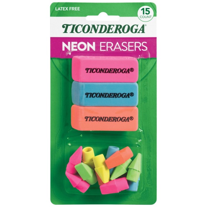 Dixon® Eraser Combo Set, Neon, 3 Beveled, 12 Wedge Cap